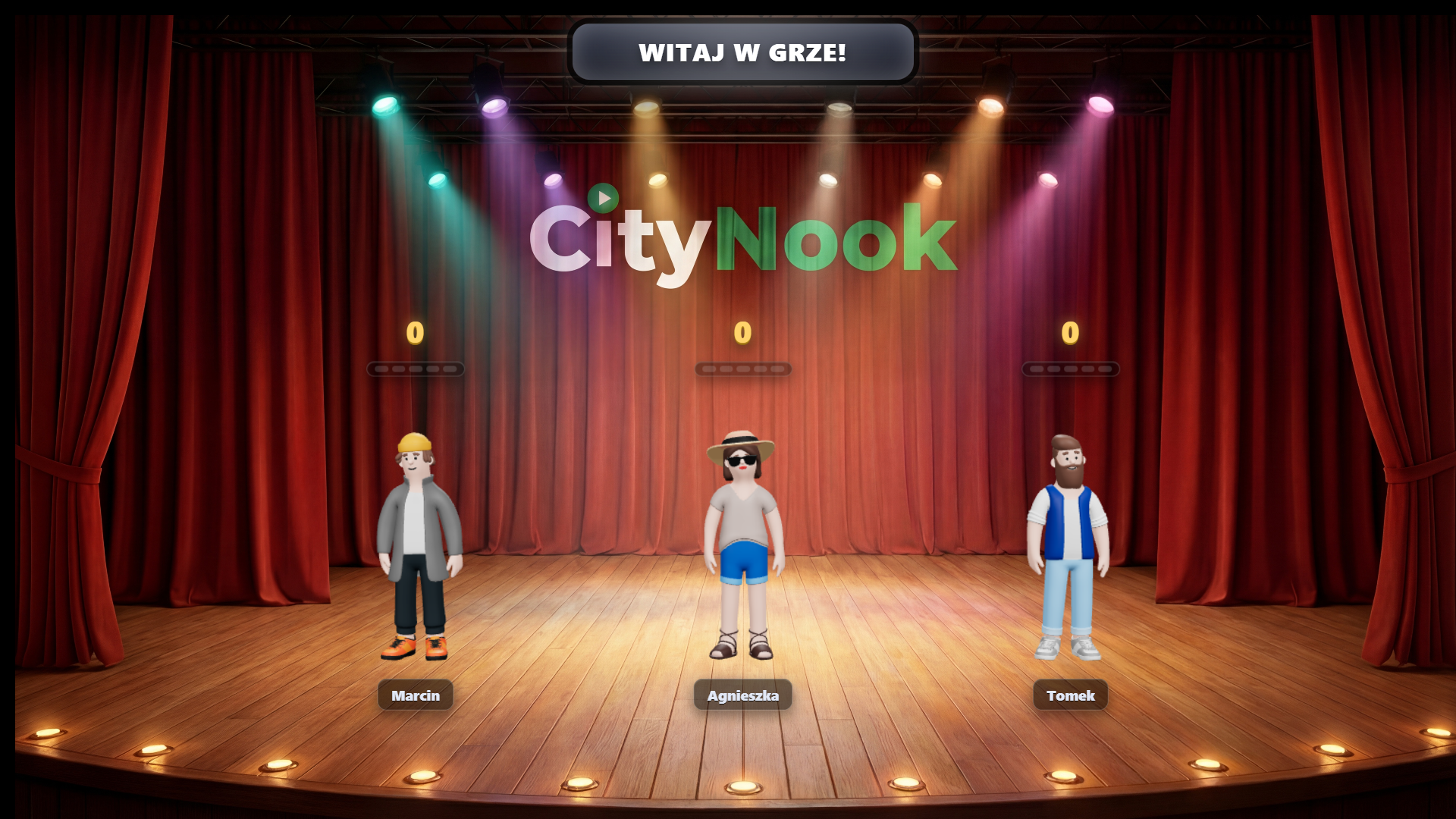 Ekran startowy quizu CityNook z trzema zawodnikami