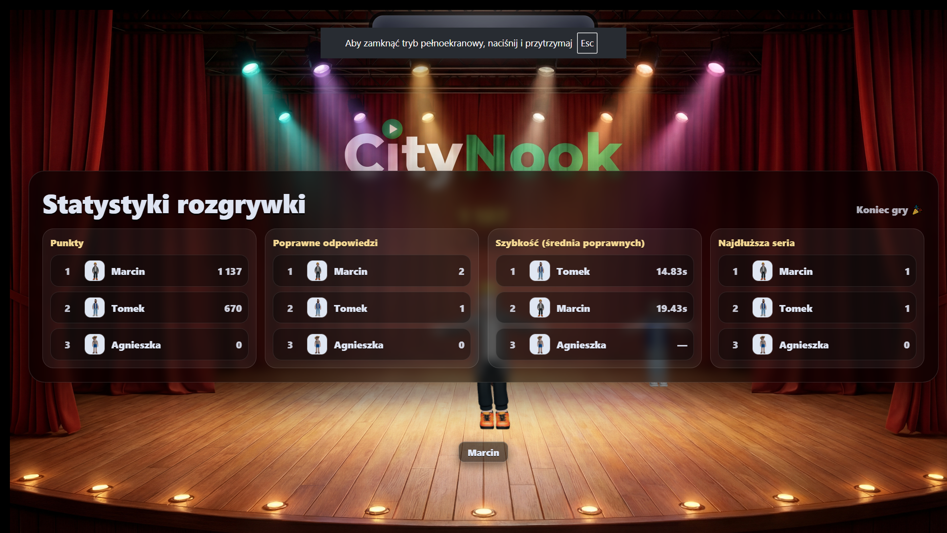 Wyniki rozgrywki quizowej CityNook